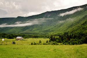 зеленое гладкое поле  в окружении гор 