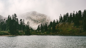 Туманная гора у озера, лесные холмы 