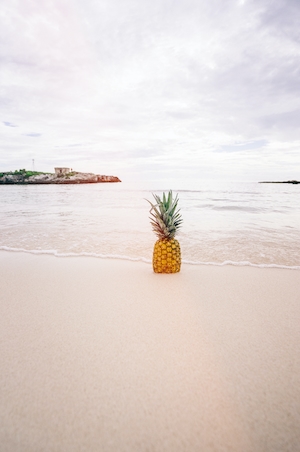 ананас на песчаном пляже, вода, прибрежная полоса 