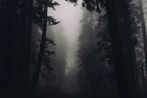 Туман среди силуэтов деревьев