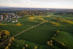 панорама зеленой местности, зеленые поля и деревья, фото с высоты 