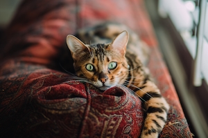 рыжий полосатый кот лежит на диване 