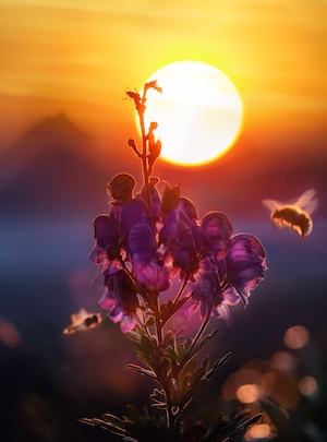 силуэт растений на фоне заката, пчелы у цветка 