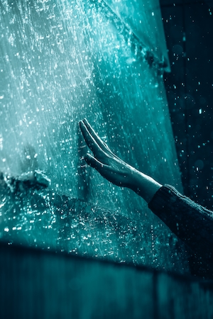 прикосновение руки к синей стене во время дождя 
