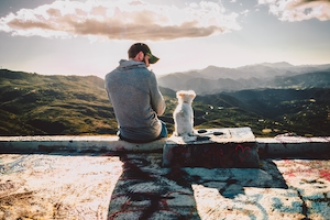 мужчина и его белая собака сидят и смотрят на горы 