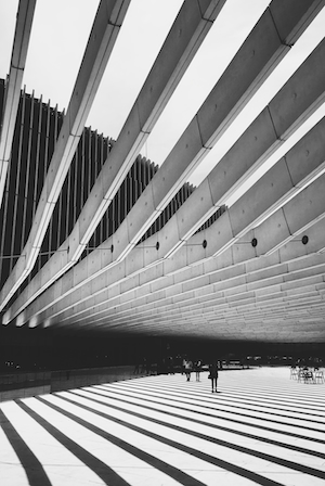 геометрические своды здания, черно-белое фото архитектурного сооружения 