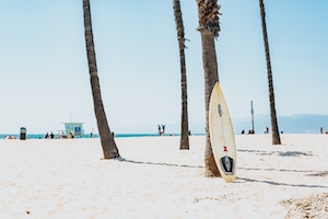 белая доска для серфинга стоит у пальмы на пляже с белым песком 