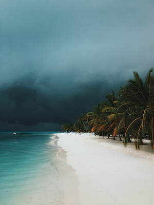тропический шторм, белый песок и голубое море, пальмы, темное небо 