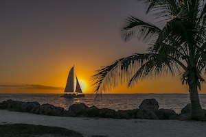 закат на море, пляж во время заката, силуэт пальмы и корабля с парусами 