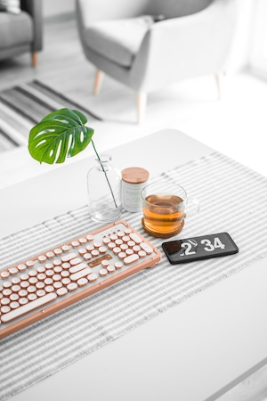 декоративное домашнее растение на светлом фоне, чай и клавиатура, рабочее пространство 