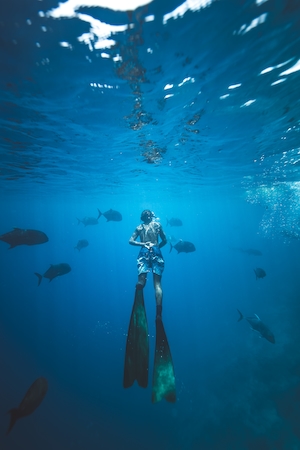 человек в ластах плавает под водой в окружении рыб 