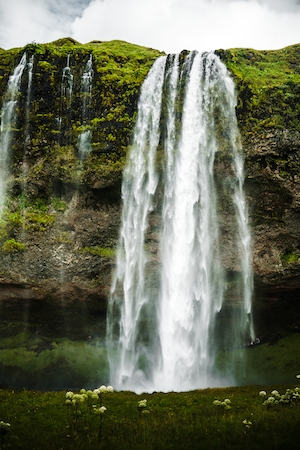 водопад в лесу, поток водопада в лесу, большие скалы