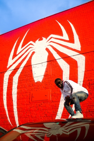 граффити с персонажами Марвел, белый паук на красном фоне 