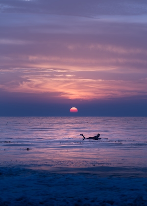 закат над морем, фиолетовый градиент на небе 