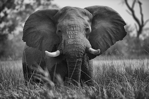 черно-белая фотография слона в траве 