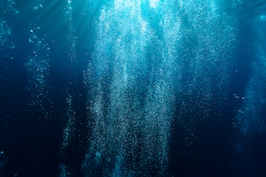 Шквал пузырьков воздуха от аквалангистов на глубине 20 метров под поверхностью.