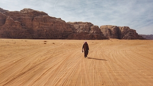 песчаная дюна, пески в пустыне, пейзаж в пустыне, каньон на горизонте, человек идет по песку 