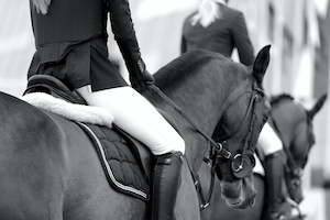 черно-белая фотография коней с наездниками 