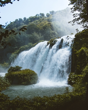 водопад в окружении зеленых растений