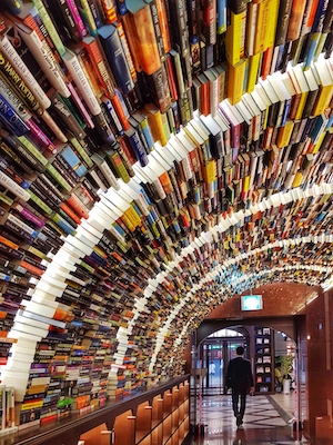 книги, стена из разноцветных книг 