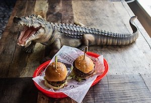 аллигатор лежит на столе рядом с бургерами 