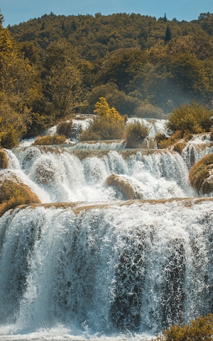 комплекс каскадных водопадов в лесу 