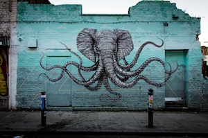 граффити на стене, слон и осьминог 