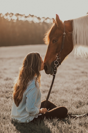 девушка целует коричневую лошадь 