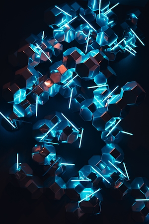 Абстрактный синий неоновый свет с зеркалами и кубическими сферами в Центральном деловом районе Мельбурна