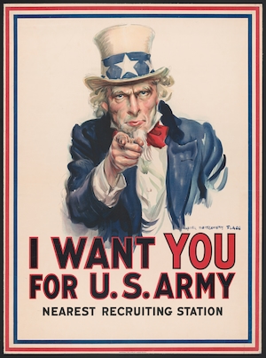 "Я хочу, чтобы ты поступил в армию США: ближайший призывной пункт". Плакат Джеймса Монтгомери Флэгга, около 1917 года. Из плакатов: Коллекция времен Первой мировой войны. Отдел печати и фотографий Библиотеки Конгресса.