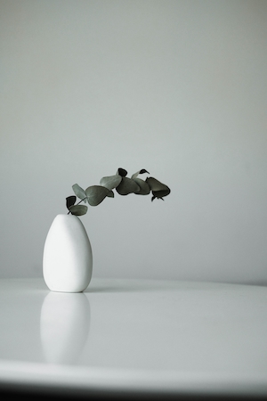 Предмет декора, белая керамическая ваза с листьями на белом столе 