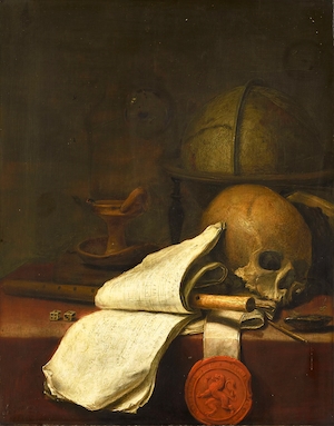 натюрморт: череп, книга и восковая печать 