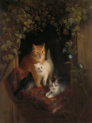 Картина: "Кошка с котятами", рыжая, белая, серая кошка 
