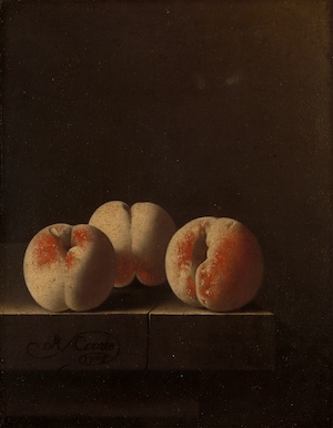  Три персика на каменном постаменте