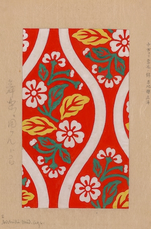 красное полотно с цветами вишни и волнистыми узорами на красном фоне. Цветной рисунок из японской коллекции изящных гравюр