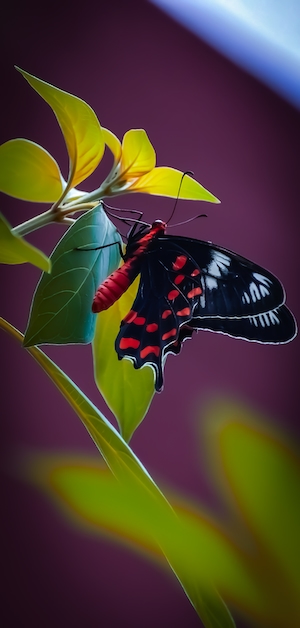 пестрая красно-черная бабочка на зеленом цветке, крупный план 
