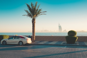 С видом на горизонт Дубая и Бурдж-аль-Араб с дубайским такси и пальмой на переднем плане.
