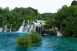Озеро с водопадом в лесу, водопад в окружении зеленых растений