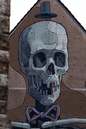 граффити черепа на коричневой стене здания 