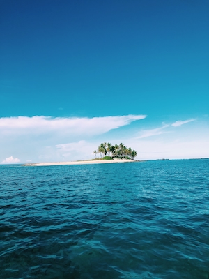 фото острова с пальмами с воды, синее море и голубое небо 