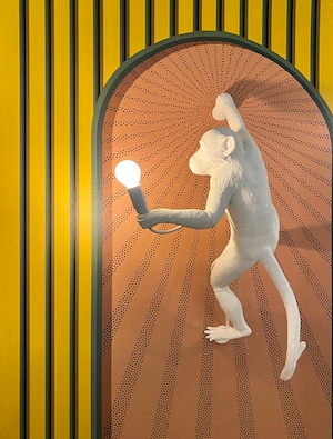 Причудливая лампа-обезьяна освещает коридор на яркой стене 