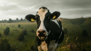 черно-белая корова, смотрит в кадр 