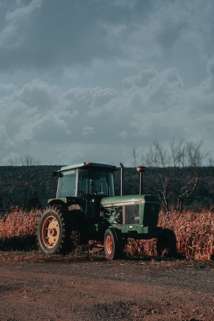 Трактор рядом с кукурузными полями