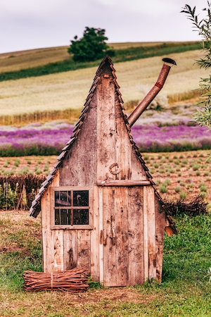 Маленький деревянный домик на лавандовом поле, сельская местность, лето