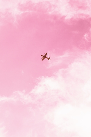 Самолет в небе, полет самолета в розовом небе 