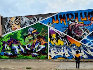Фреска из комиксов вдоль Фредериксбург-роуд в Сан-Антонио, Техас, комиксы Марвел, граффити 