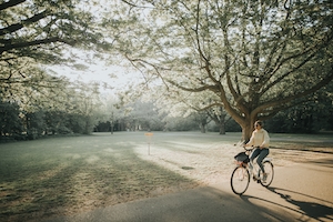 Женщина едет на велосипеде