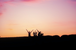 Силуэты людей во время заката на лавандовом поле.