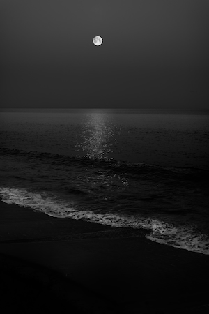 полная луна на небе над морем, черно-белая фотография 