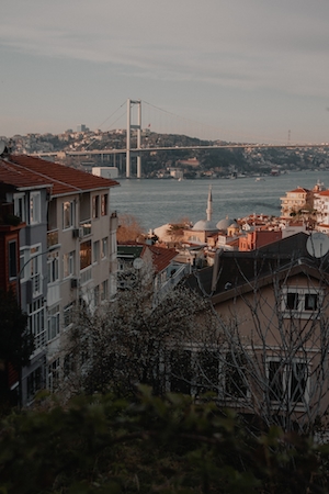 Вид на мост и дома в Стамбуле с высокой точки 